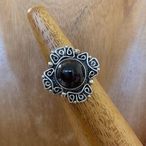 Sterling Silver Mexican Garnet Ring – Vintage , Adjustable Band